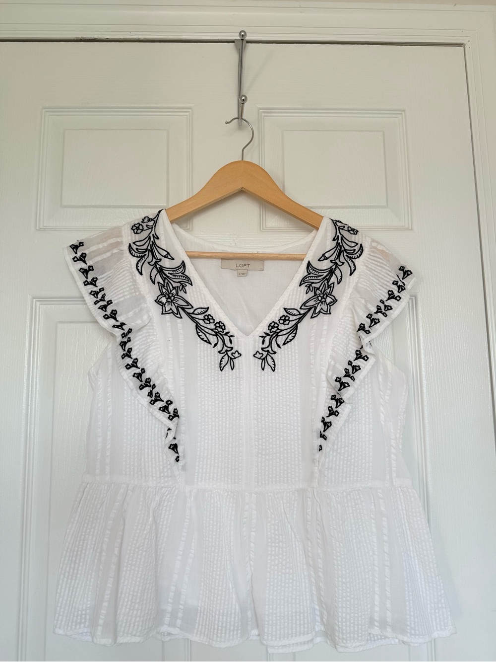 LOFT White Peplum Mini Dress with Black Floral Embroidery
